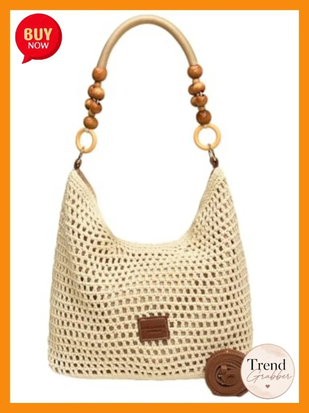 Crochet Summer Beach Bag Woven Cotton Mesh Hobo Handbag Bead Shoulder Bag